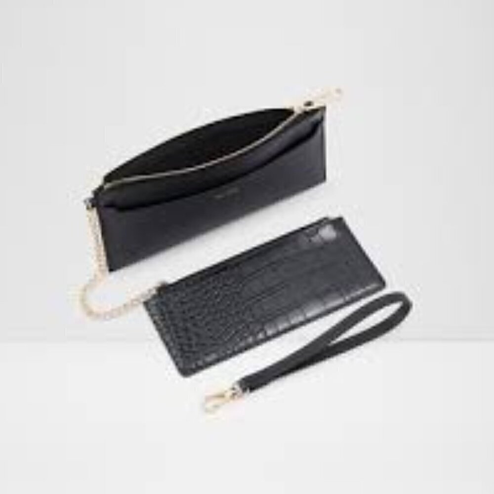 Aldo Catharina Black Croc Embossed Zip Closure Wristlet Set of 2 NEW